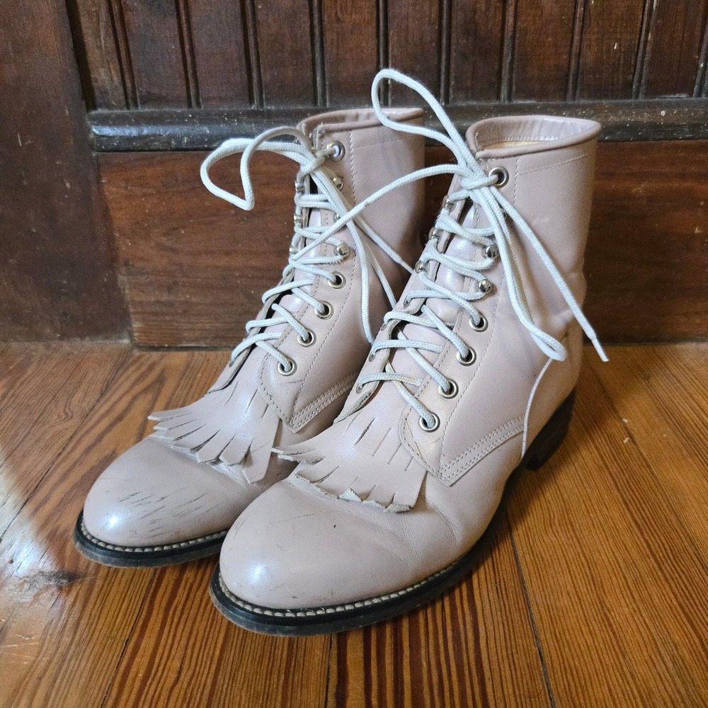 VTG Justin Lace Up Kiltie Boots Taupe Beige Leather Womens 3.5 D Made In Mexico